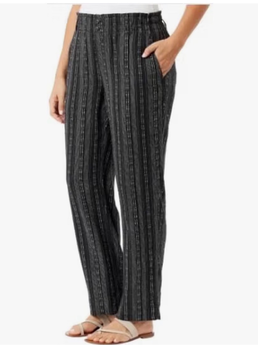 Striped Black & Gray Elastic Waist Wide-Leg Pants